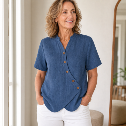 Women's Short Sleeve Asymmetrical Button Blouse