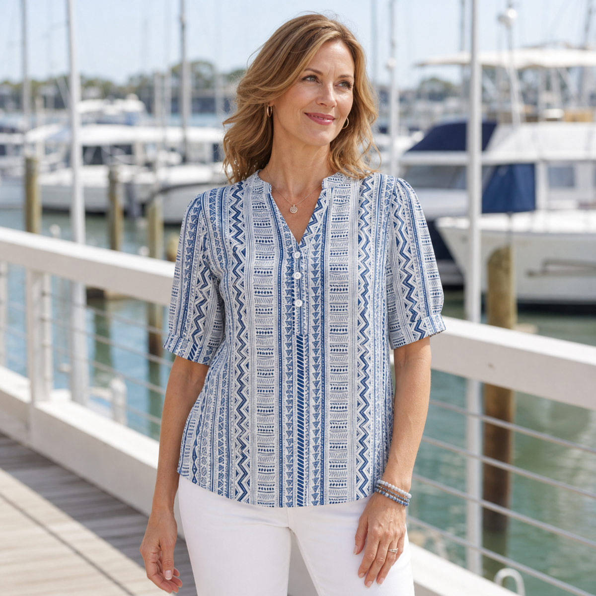 Women's Geometric Print Button-Front Blouse