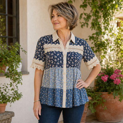 Women's Patchwork Lace Button-Front Blouse