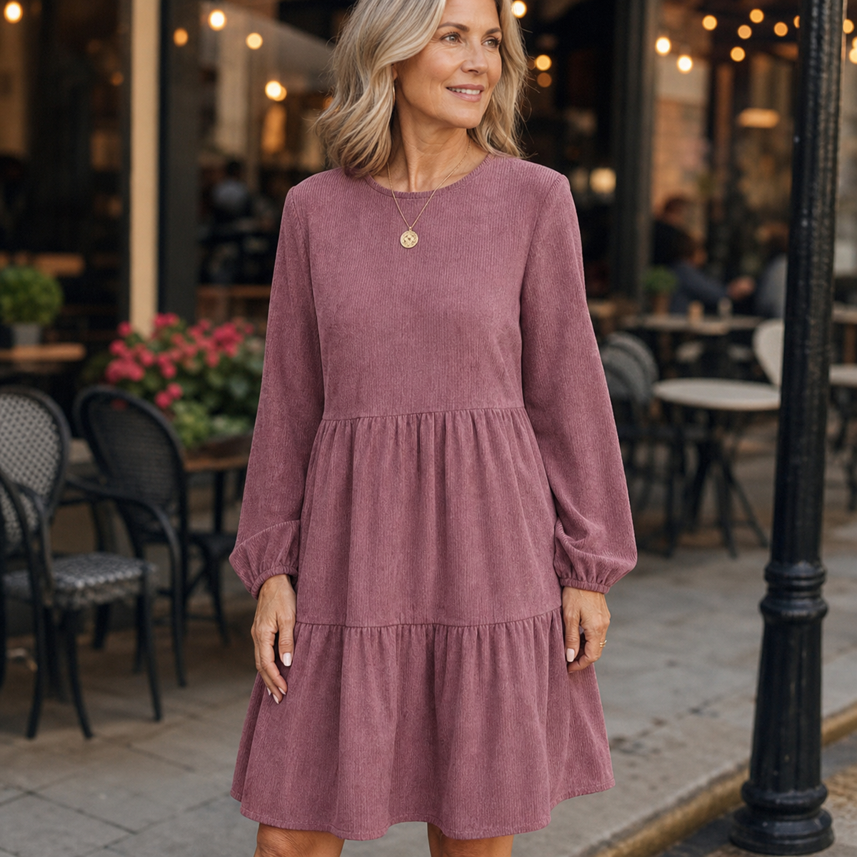 Women's Soft Corduroy Tiered Long Sleeve Dress