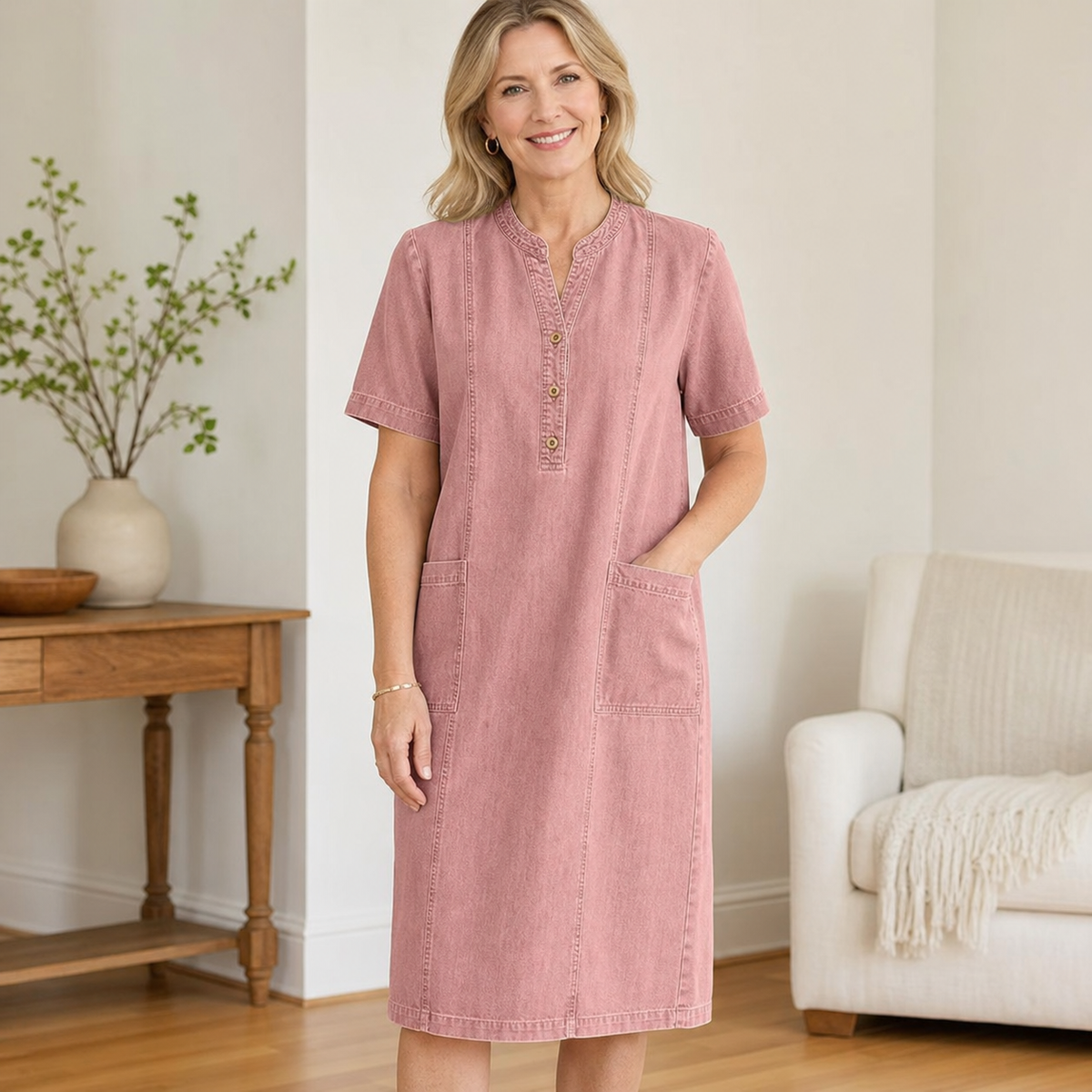 Women's Short Sleeve Denim Henley Pocket Dress