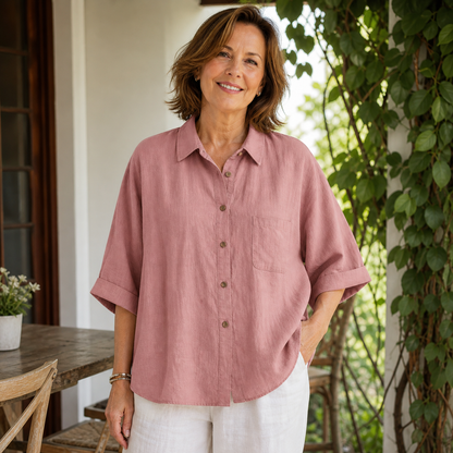 Women's Relaxed Button-Front Three-Quarter Sleeve Shirt Blouse