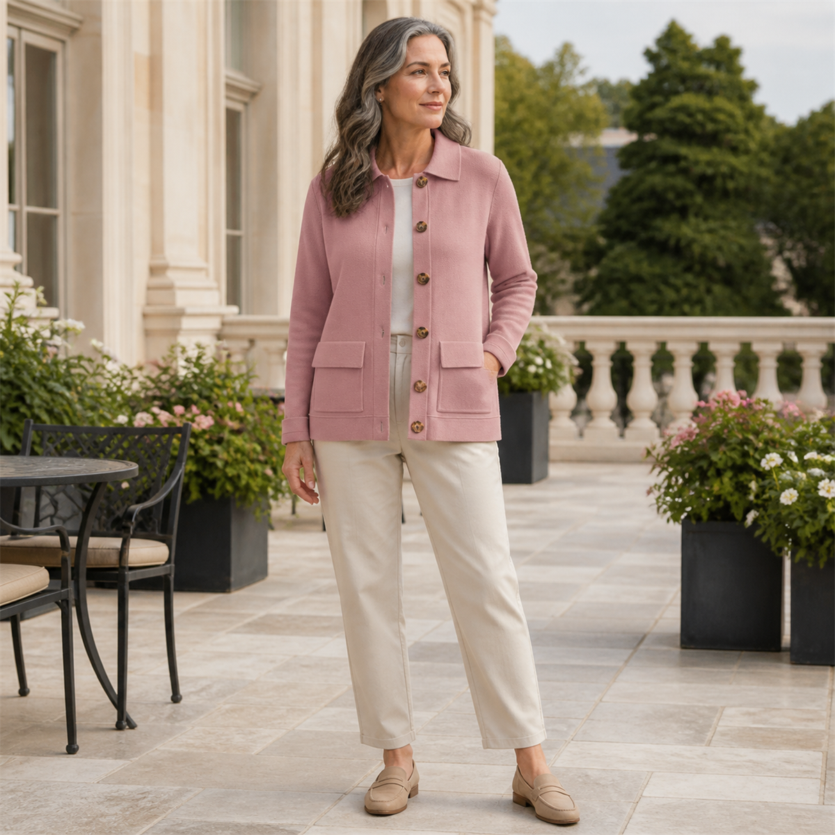 Women's Soft-Knit Collared Button Pocket Jacket