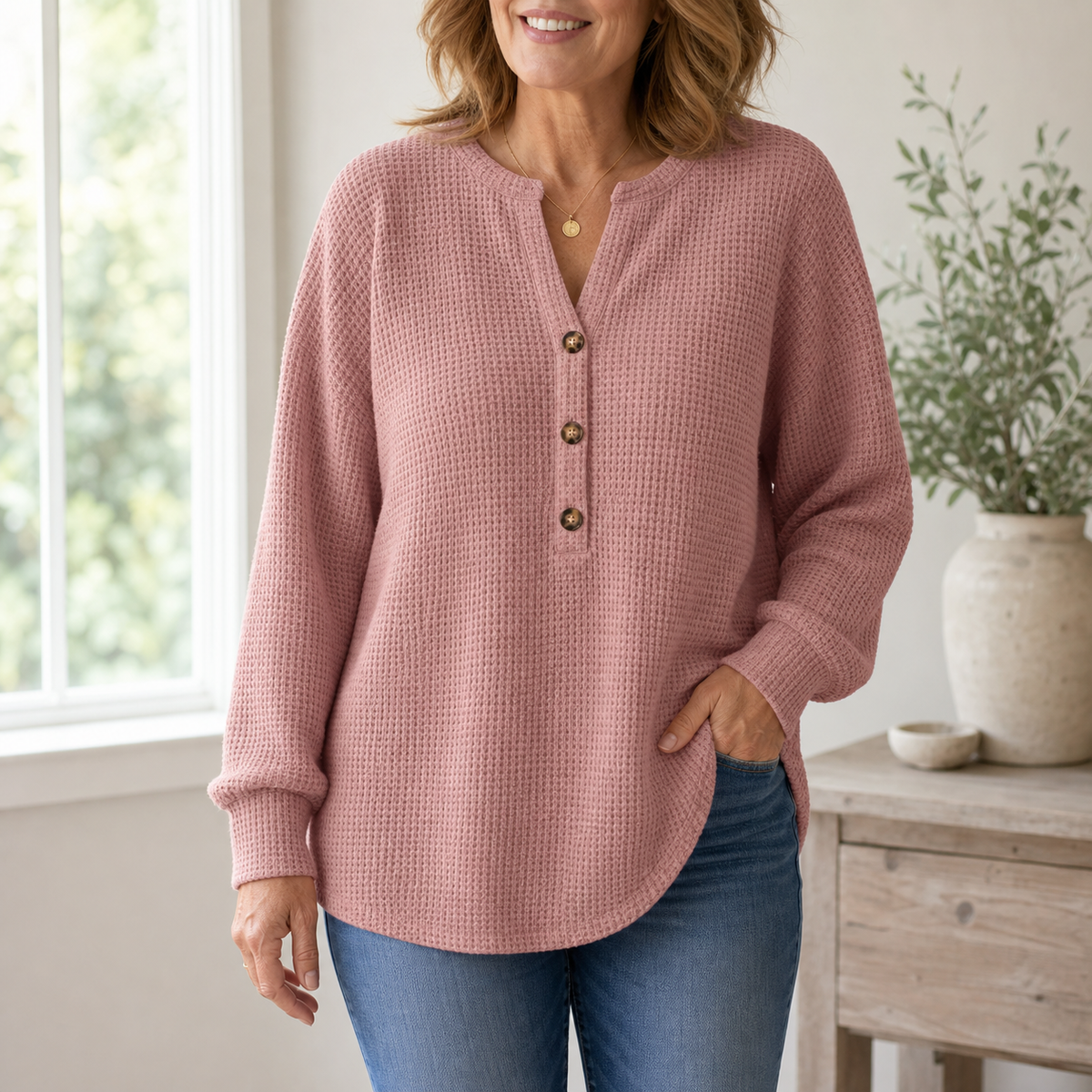Women's Waffle Knit Long Sleeve Henley Top
