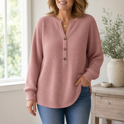 Women's Waffle Knit Long Sleeve Henley Top