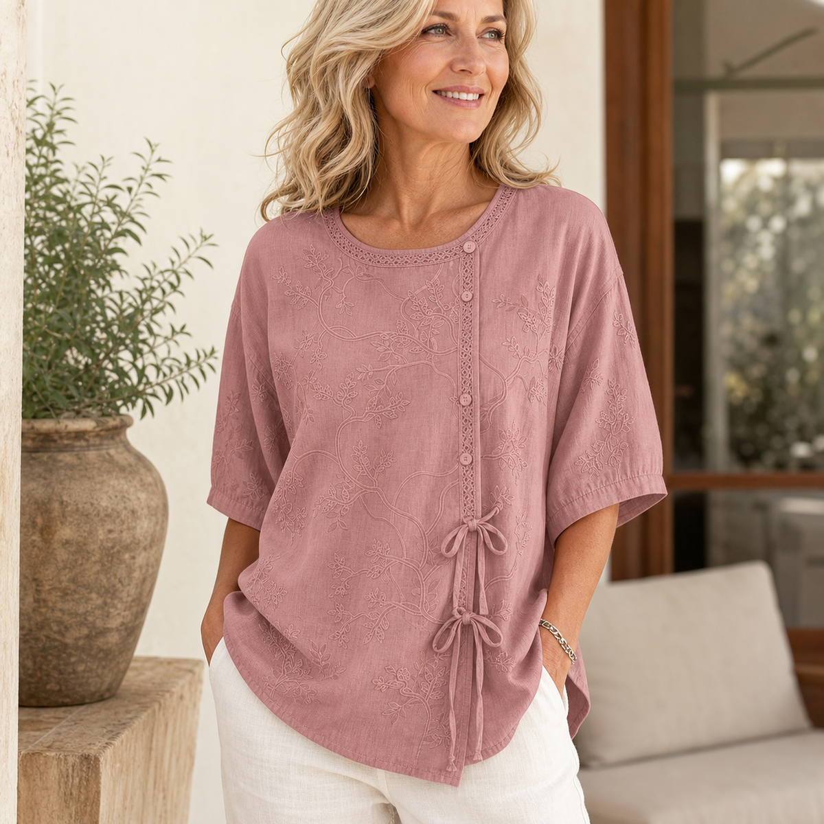 Women's Embroidered Tie-Front Short Sleeve Blouse