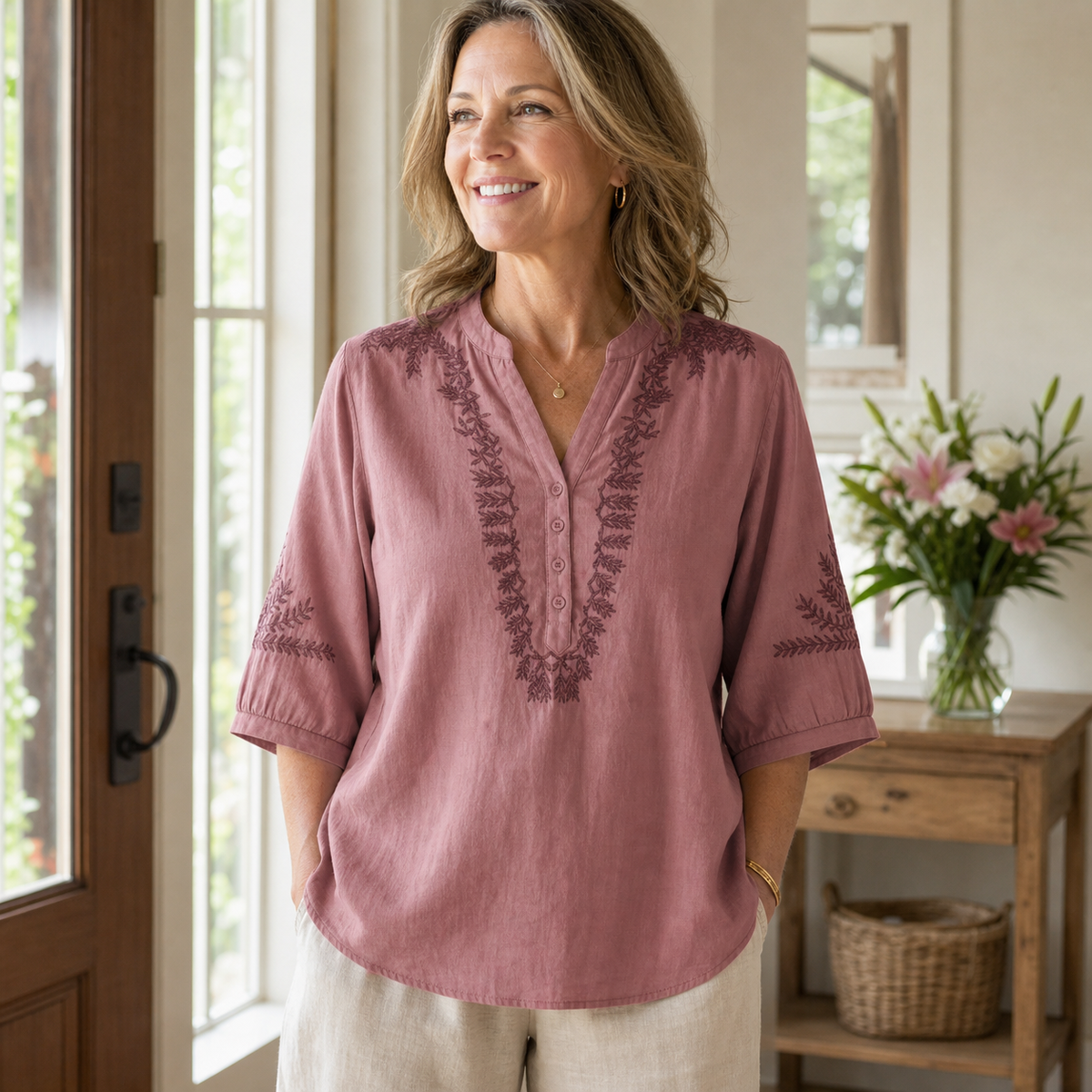 Women's Embroidered Linen-Look V-Neck Blouse