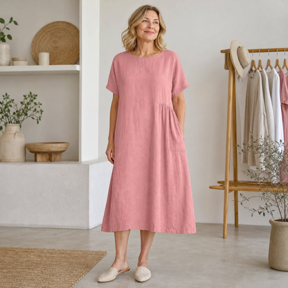 Women's Relaxed Linen-Blend Pocket Midi Dress
