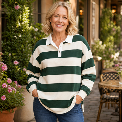 Women's Relaxed Striped Rugby Polo Long Sleeve Top