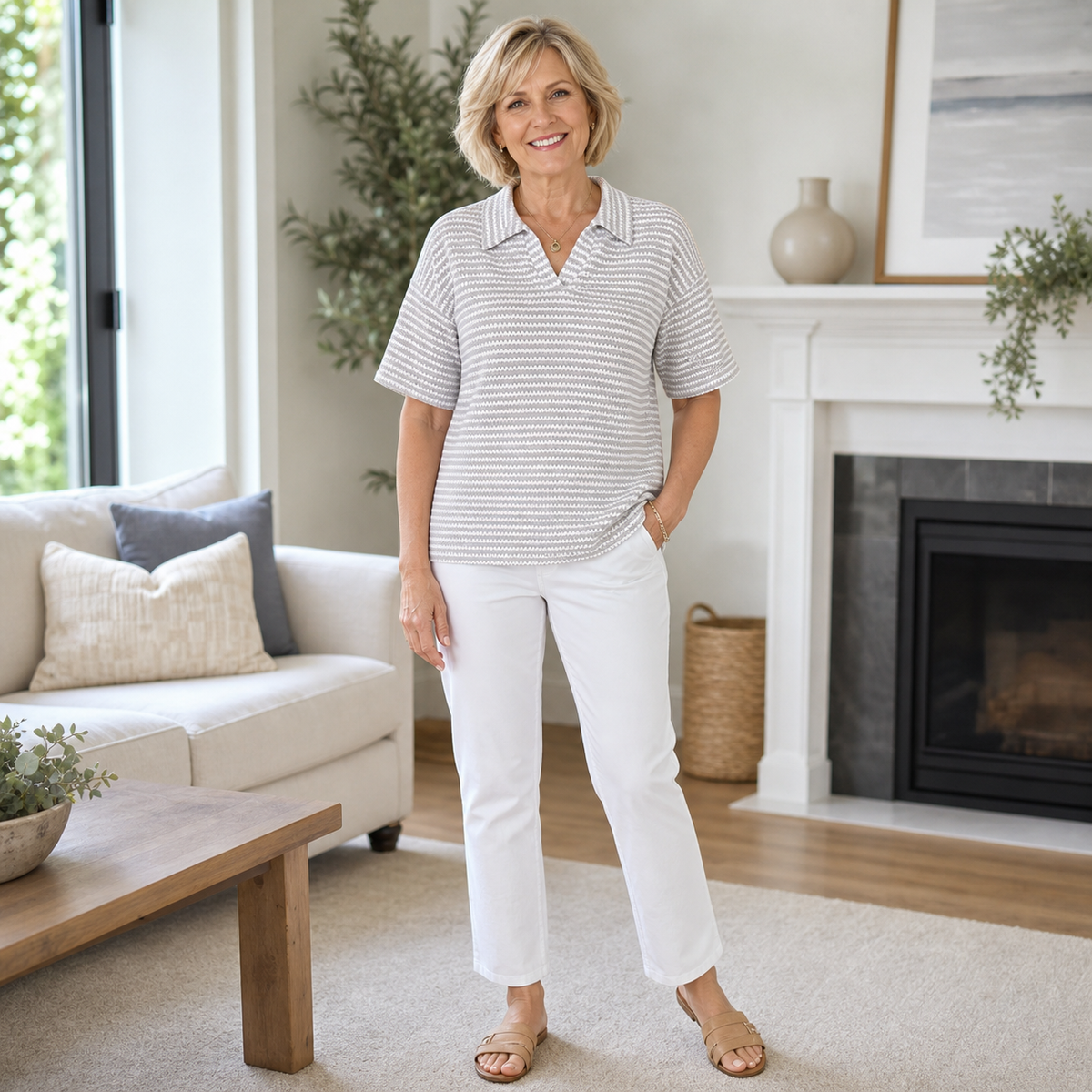 Women's Textured Striped Collared Short Sleeve Top