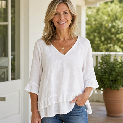 Women's Relaxed V-Neck Three-Quarter Sleeve Blouse