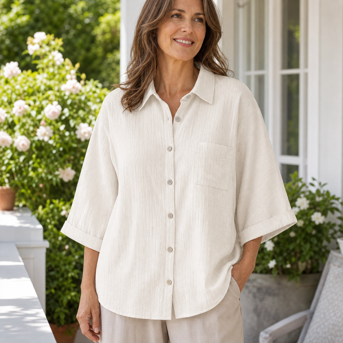 Women's Relaxed Button-Front Three-Quarter Sleeve Shirt Blouse