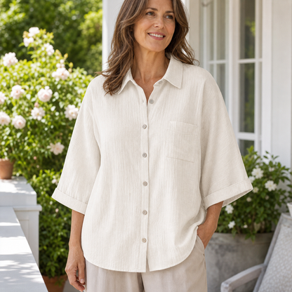 Women's Relaxed Button-Front Three-Quarter Sleeve Shirt Blouse