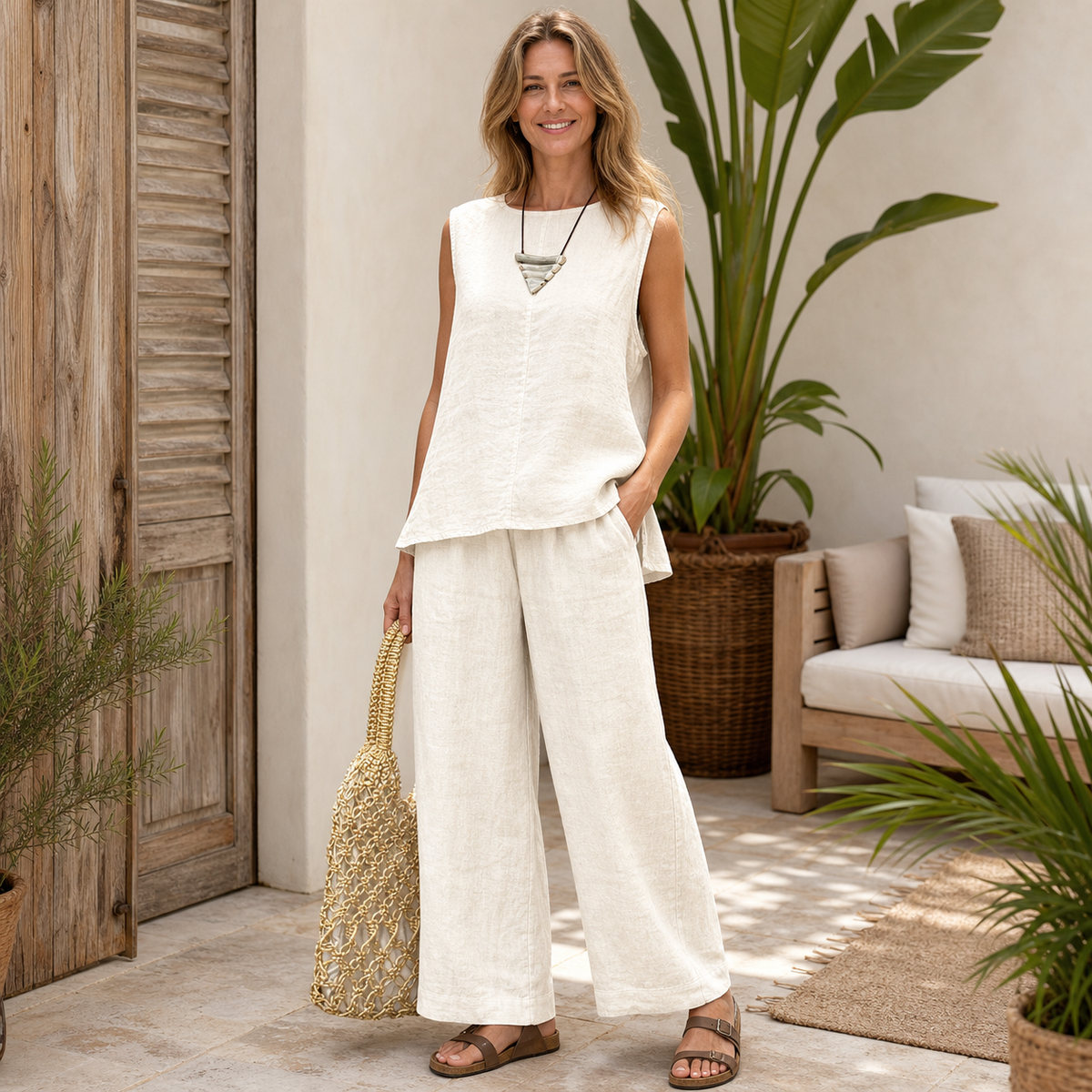 Women's Sleeveless Linen-Look Two-Piece Set