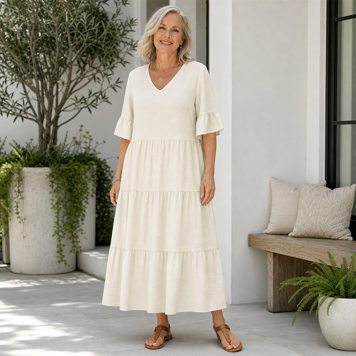 Women's Relaxed Tiered V-Neck Maxi Dress