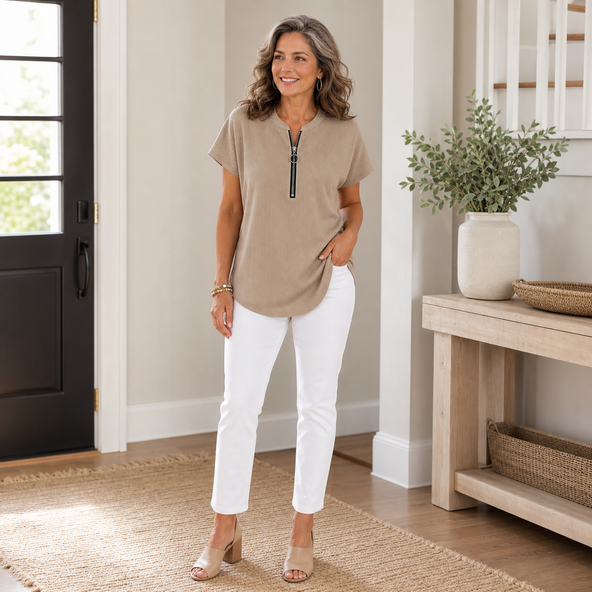 Women's Pleated Zip-Neck Short Sleeve Top