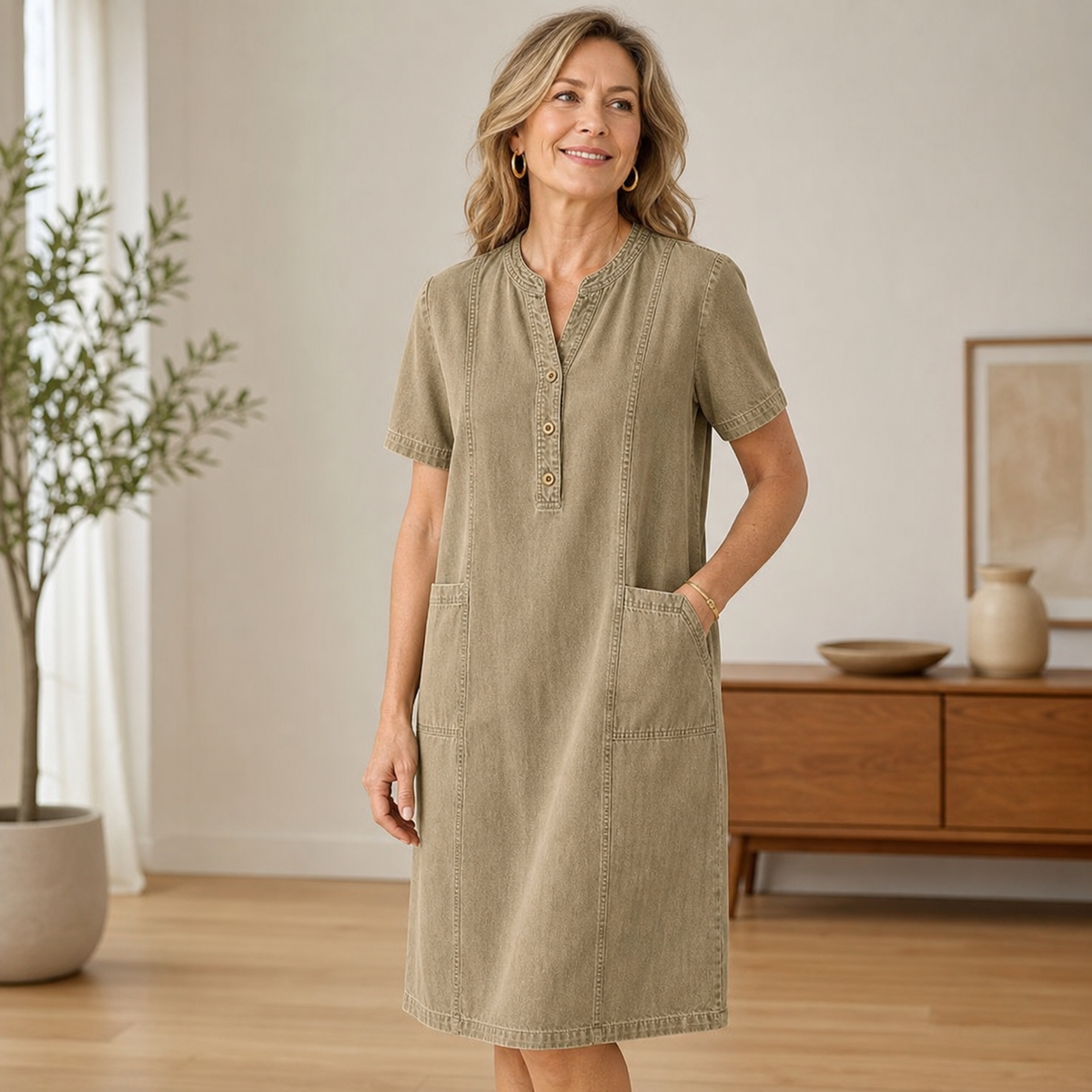 Women's Short Sleeve Denim Henley Pocket Dress