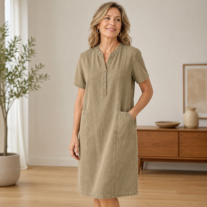 Women's Short Sleeve Denim Henley Pocket Dress