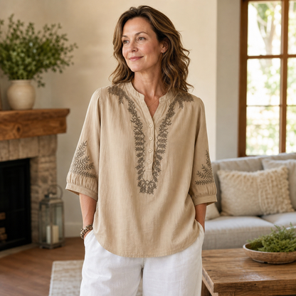 Women's Embroidered Linen-Look V-Neck Blouse