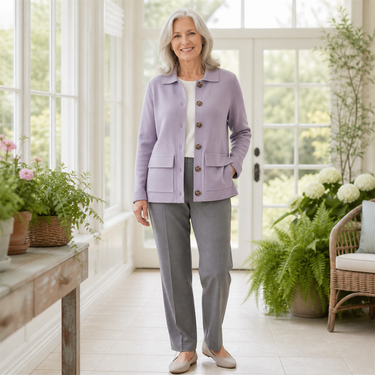Women's Soft-Knit Collared Button Pocket Jacket