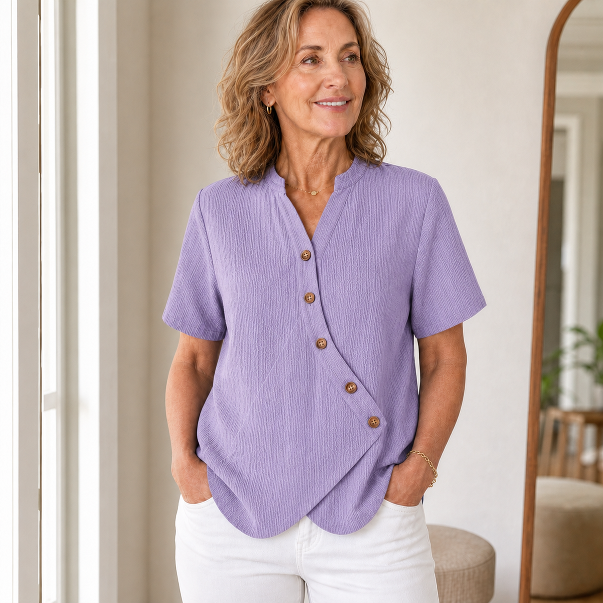 Women's Short Sleeve Asymmetrical Button Blouse