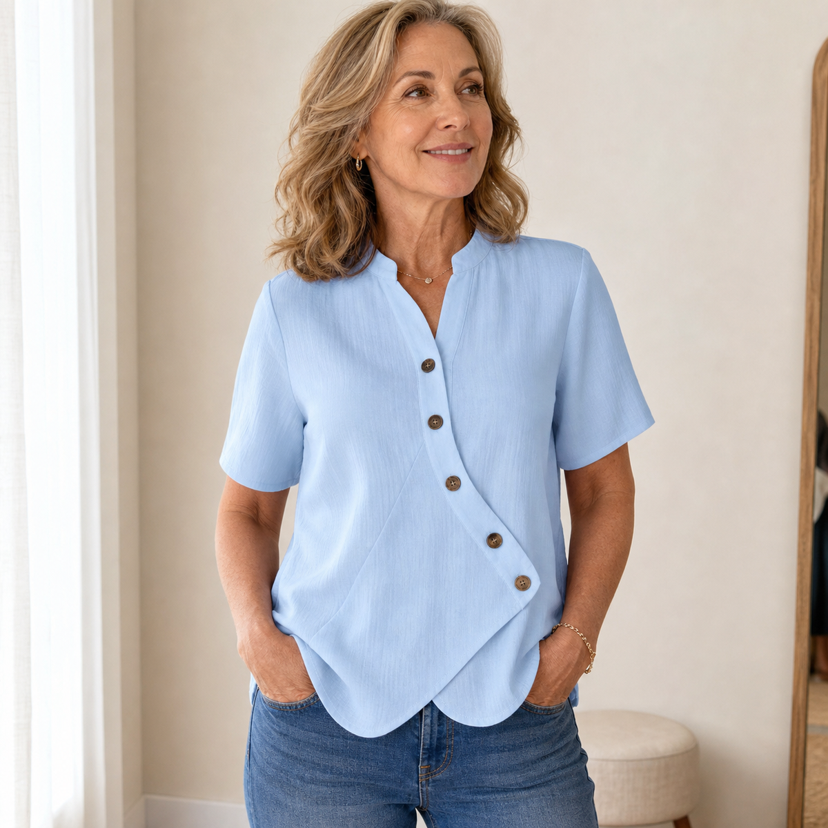 Women's Short Sleeve Asymmetrical Button Blouse