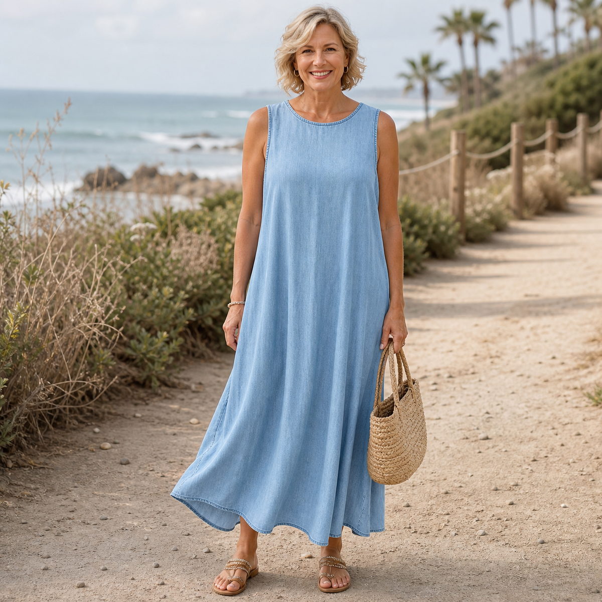 Women's Sleeveless Relaxed A-Line Denim-Look Dress