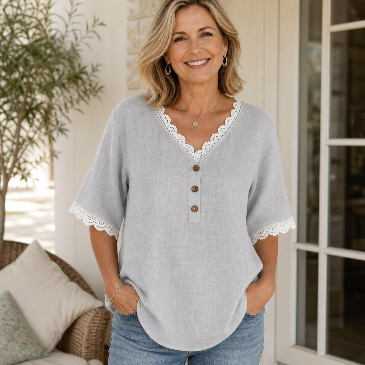 Women's Lace Trim V-Neck Button Short Sleeve Blouse