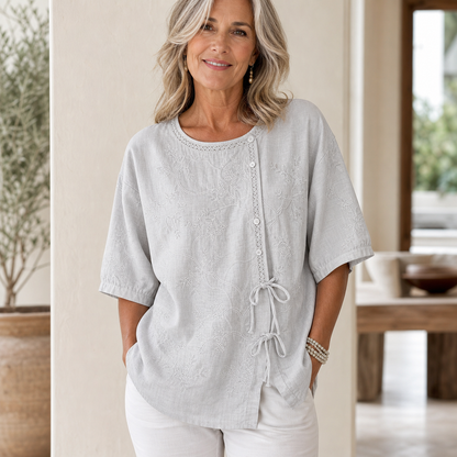 Women's Embroidered Tie-Front Short Sleeve Blouse