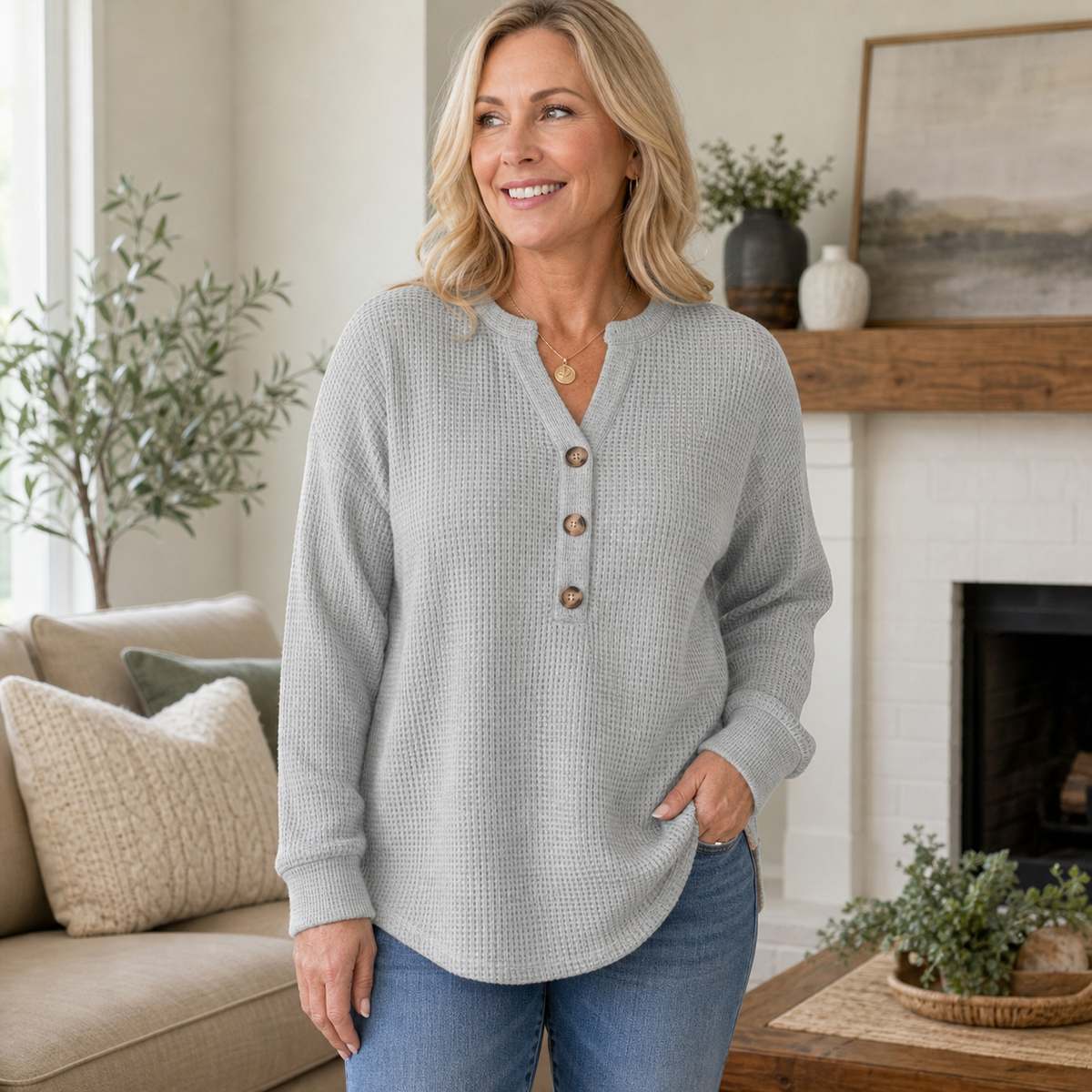 Women's Waffle Knit Long Sleeve Henley Top