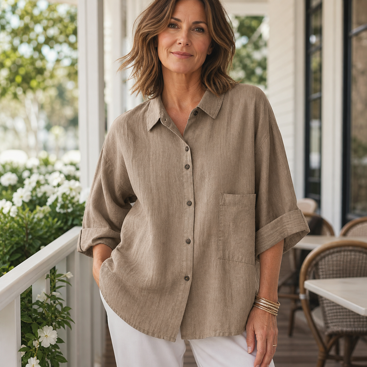 Women's Relaxed Button-Front Three-Quarter Sleeve Shirt Blouse