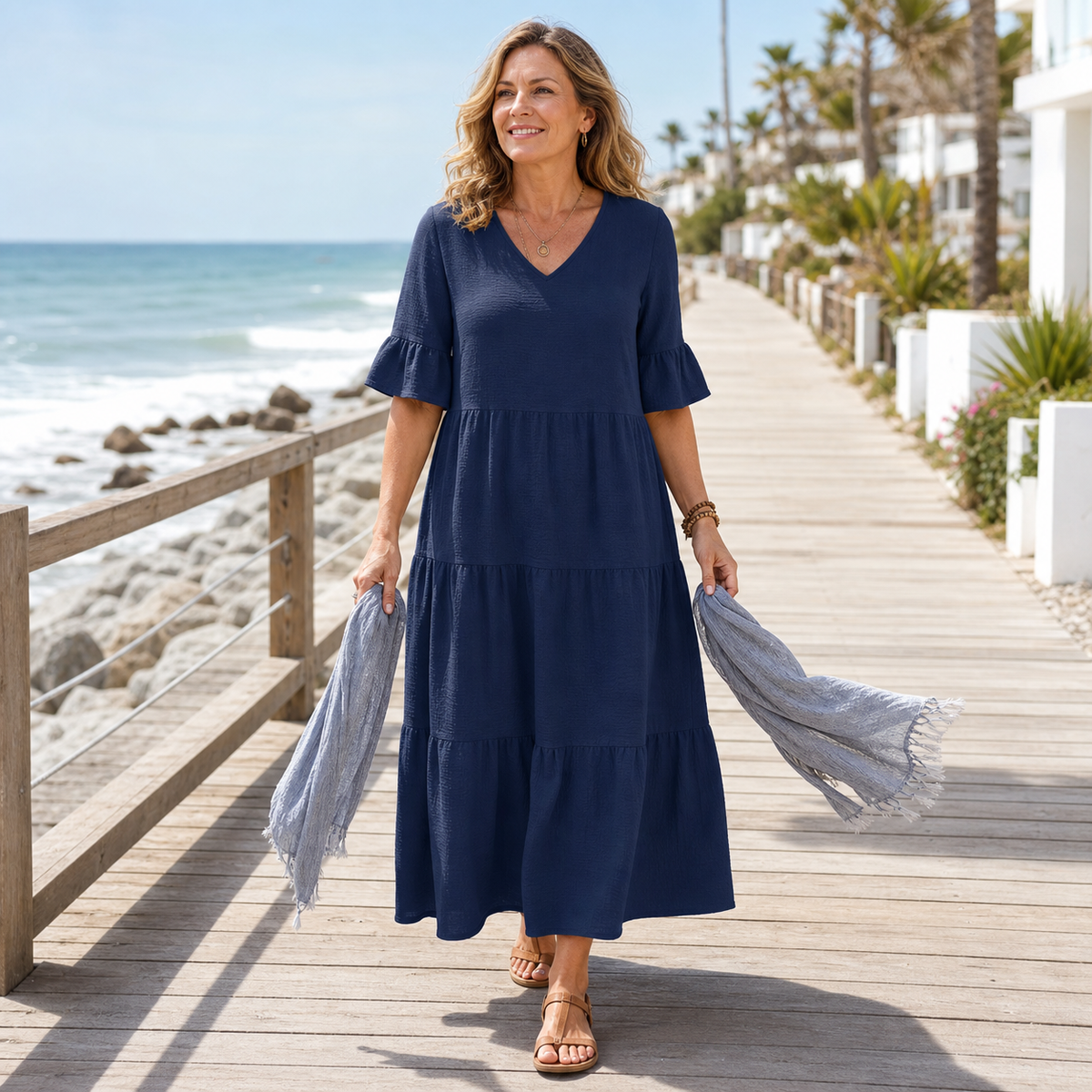 Women's Relaxed Tiered V-Neck Maxi Dress