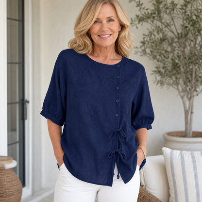 Women's Embroidered Tie-Front Short Sleeve Blouse