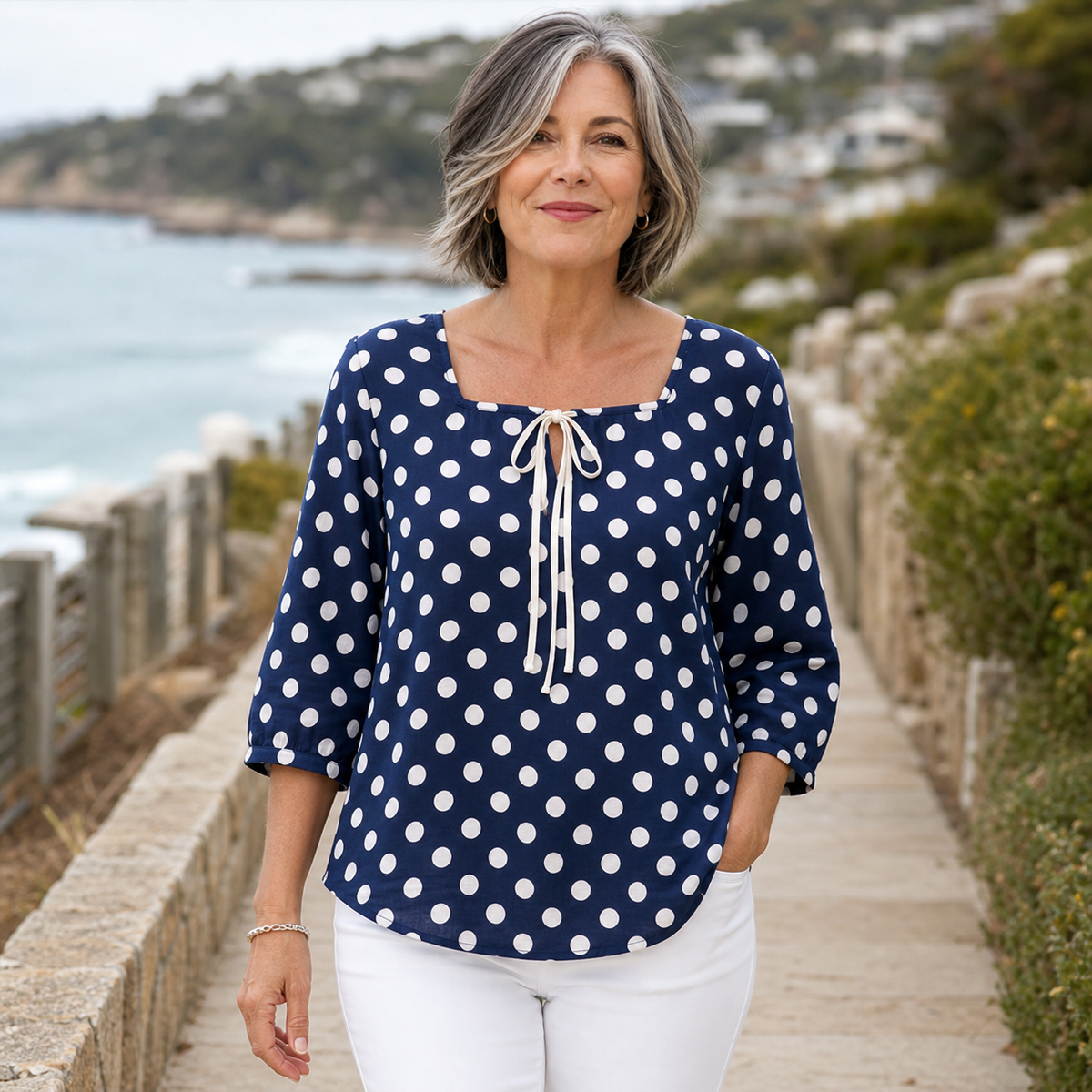 Women's Polka Dot Tie-Front Blouse