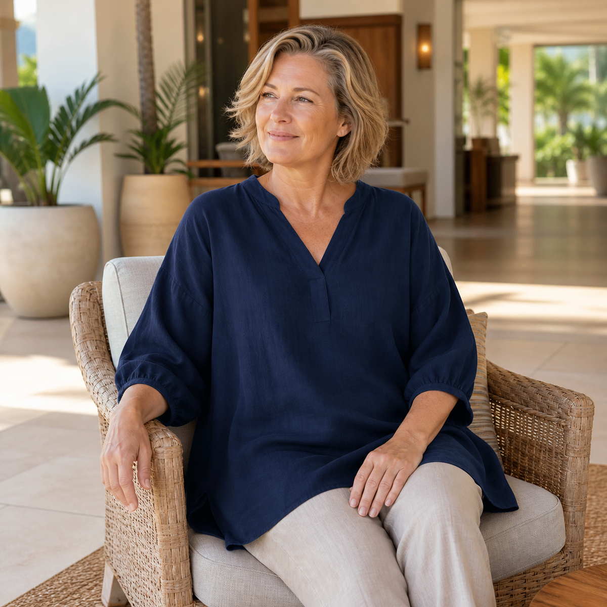 Women's Relaxed Linen-Blend V-Neck Tunic Blouse