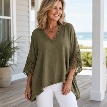 Women's Fringed Lace Sleeve V-Neck Tunic Top