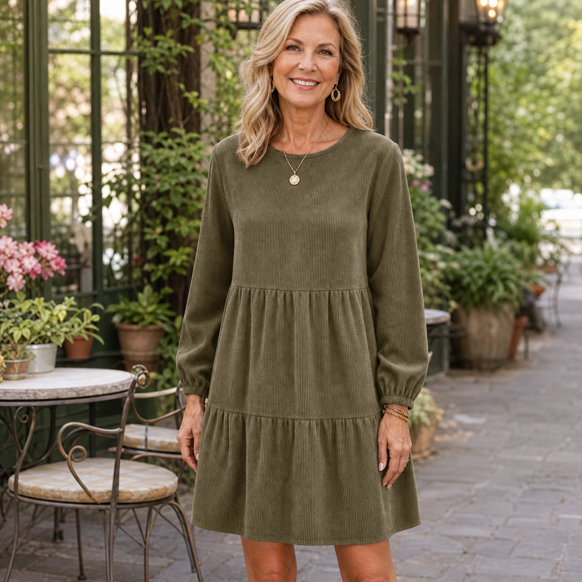 Women's Soft Corduroy Tiered Long Sleeve Dress