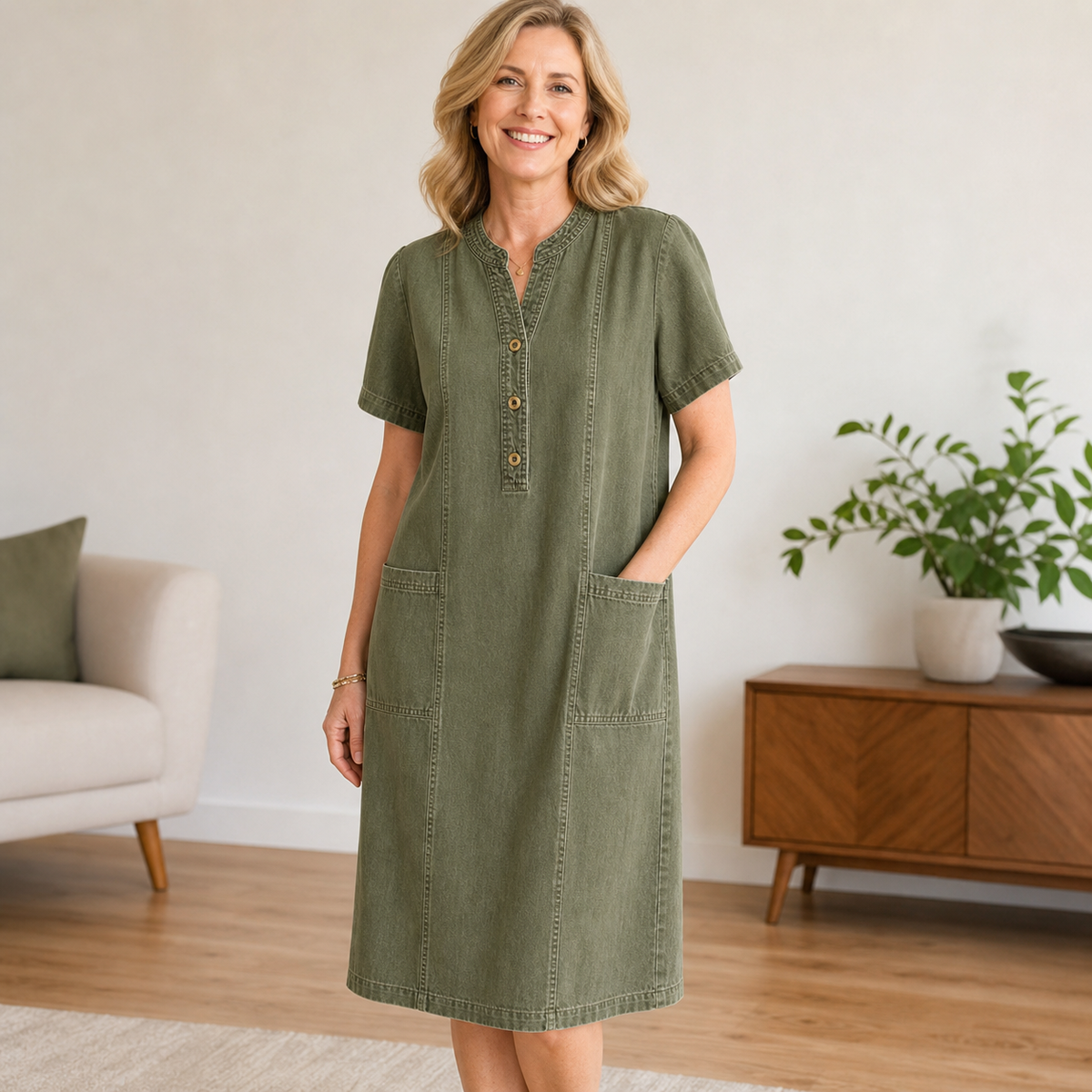 Women's Short Sleeve Denim Henley Pocket Dress