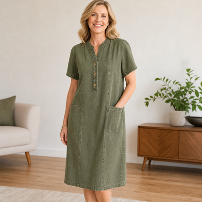 Women's Short Sleeve Denim Henley Pocket Dress