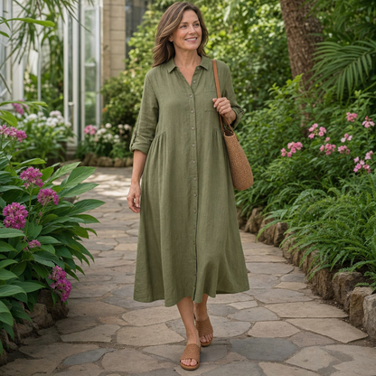 Women's Relaxed Button-Front Midi Shirt Dress