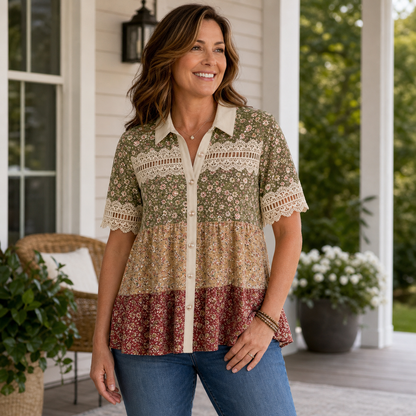 Women's Patchwork Lace Button-Front Blouse