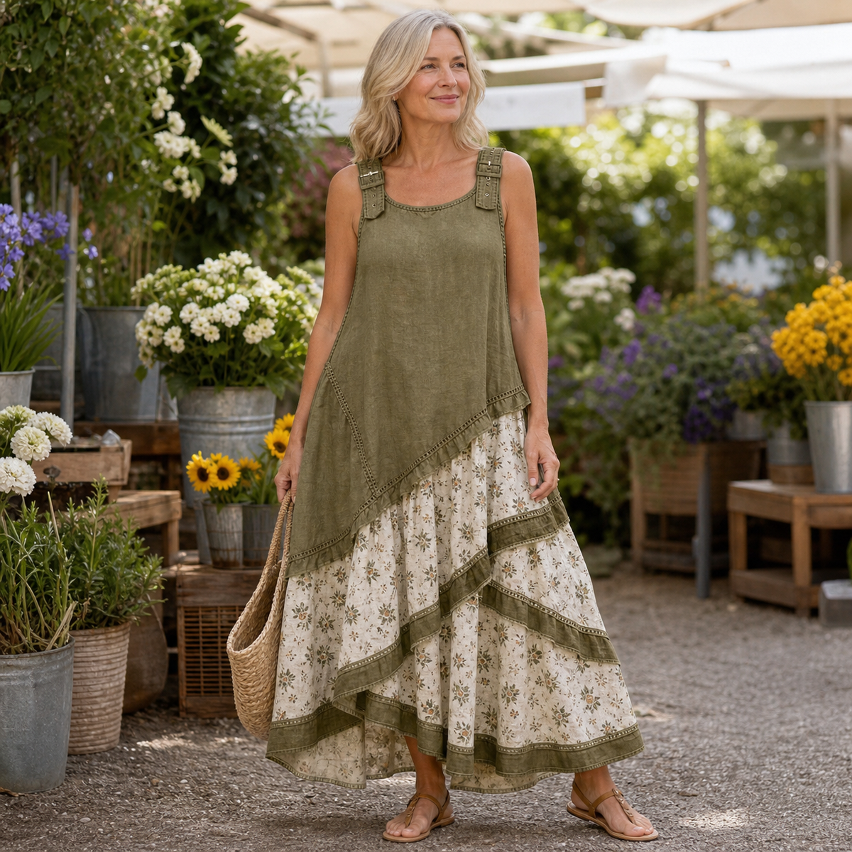 Women's Sleeveless Boho Patchwork Midi Dress