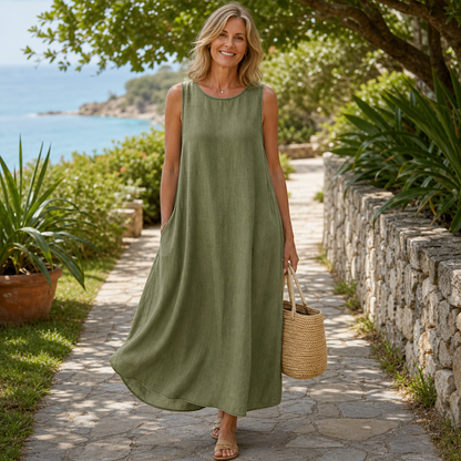 Women's Sleeveless Relaxed A-Line Denim-Look Dress