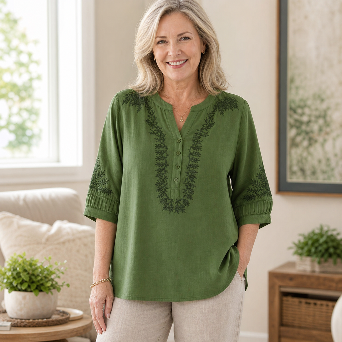 Women's Embroidered Linen-Look V-Neck Blouse
