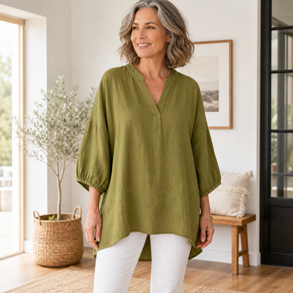 Women's Relaxed Linen-Blend V-Neck Tunic Blouse