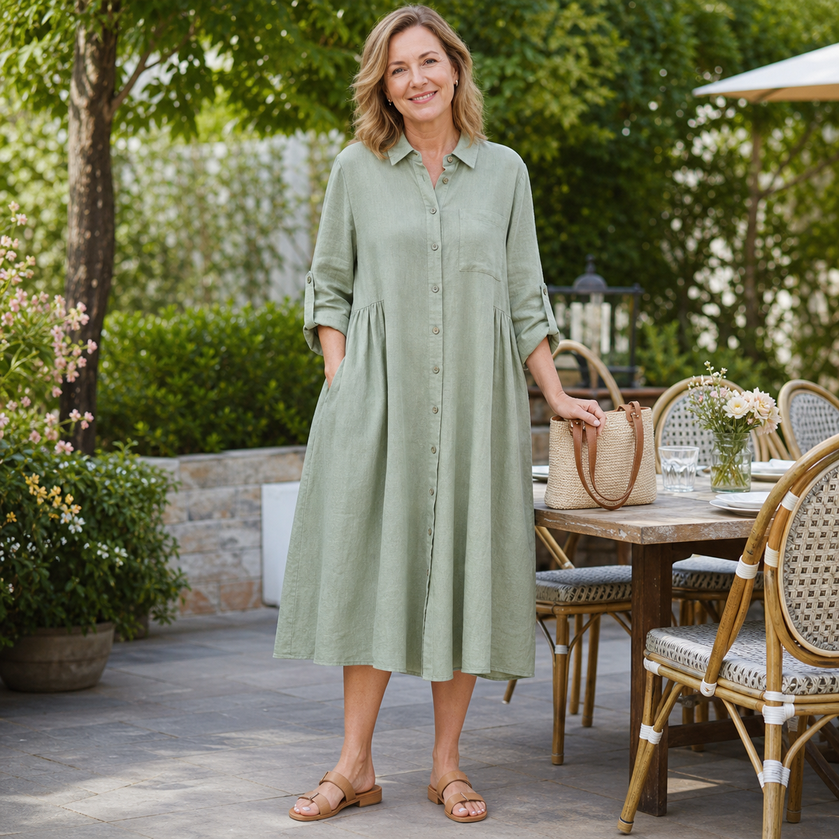 Women's Relaxed Button-Front Midi Shirt Dress