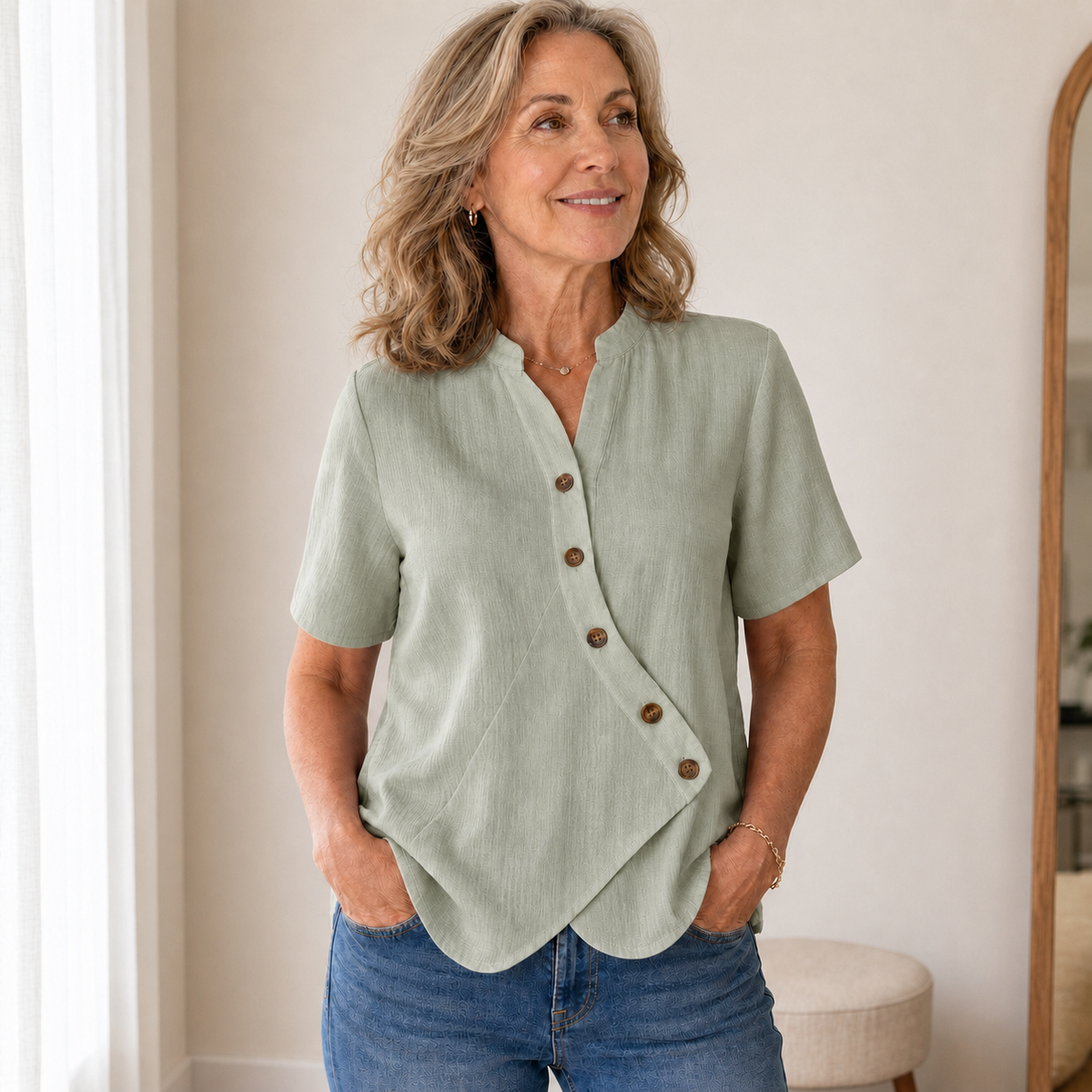 Women's Short Sleeve Asymmetrical Button Blouse