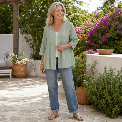 Women's Relaxed Embroidered Button-Front Cardigan Blouse
