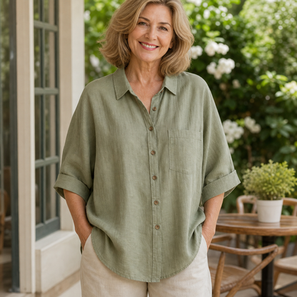 Women's Relaxed Button-Front Three-Quarter Sleeve Shirt Blouse