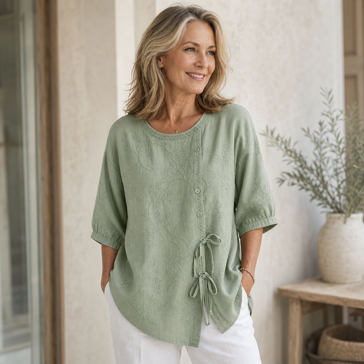 Women's Embroidered Tie-Front Short Sleeve Blouse